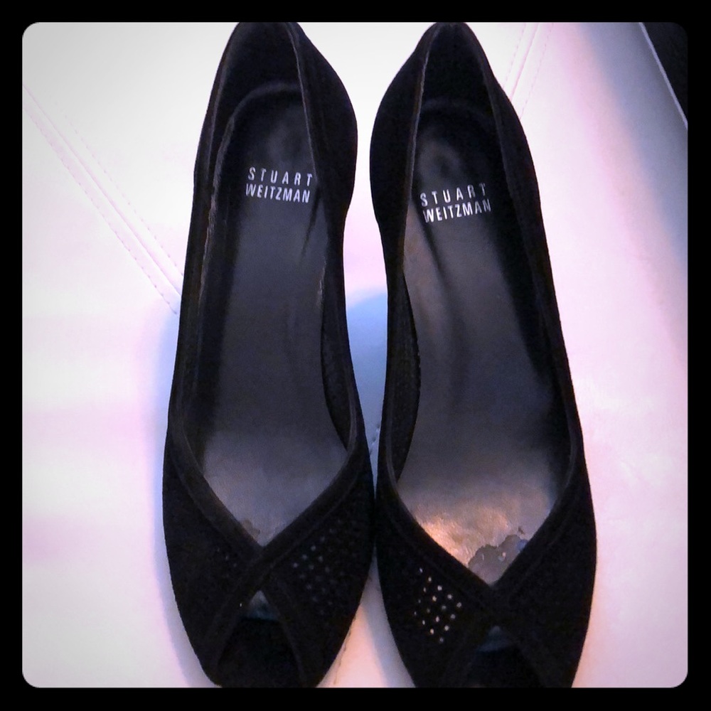 Stuart Weitzman Black Suede Peep Toe Heels